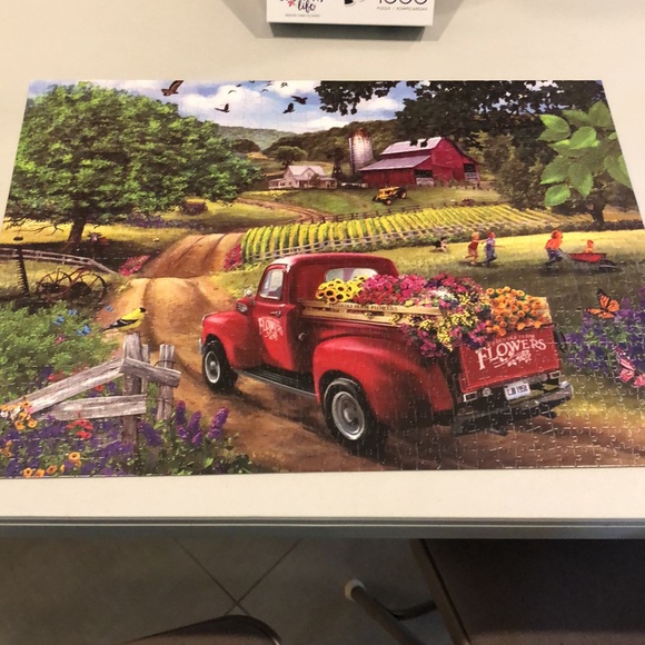 1000 pc Buffalo Puzzle "Friendly Farm Flowers" Red Truck Country Farm Meadow - Picture 3 of 4